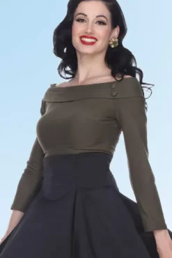 Debby Long Sleeved Top (Olive) By>Bettie Page Best