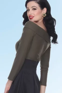 Debby Long Sleeved Top (Olive) By>Bettie Page Best